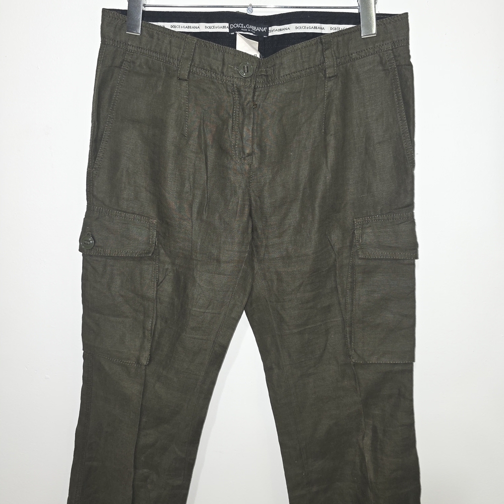 Vintage Dolce & Gabbana 100% Linen Green Cargo Flare Pants 32x32